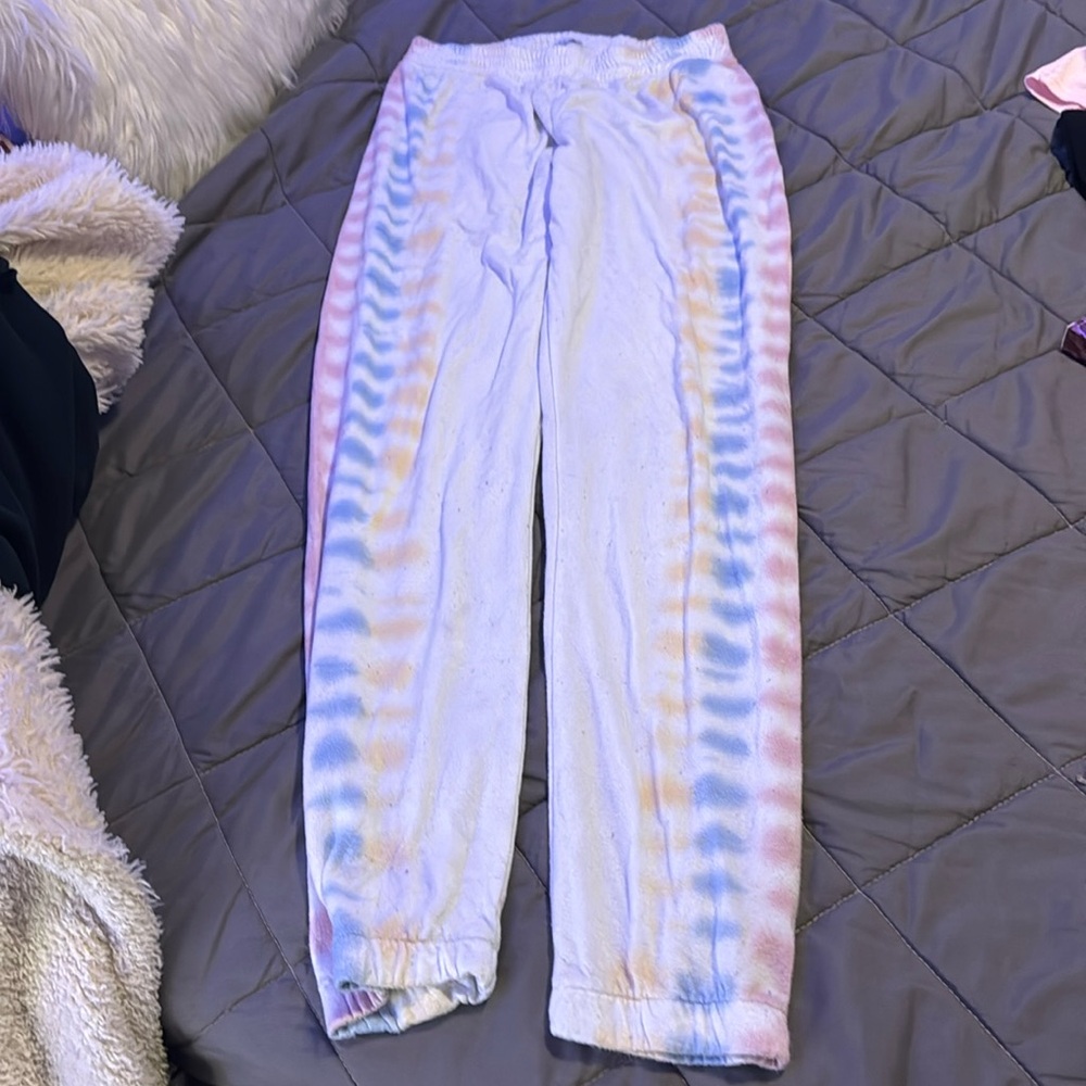 pj salvage pajama pants, white with tie die yellow blue and pink on the sides